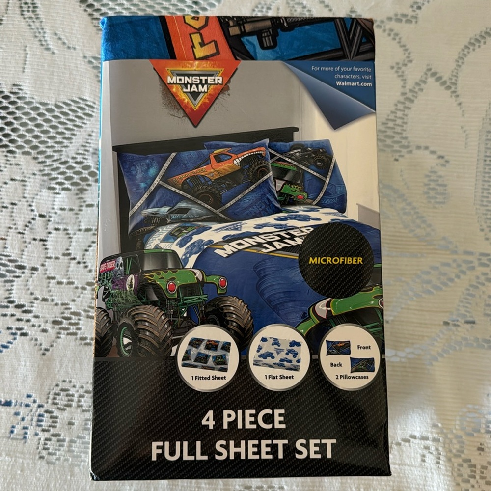Monster Jam Full Size Monster Truck 4 Piece Sheet Set Grave Digger Megalodon